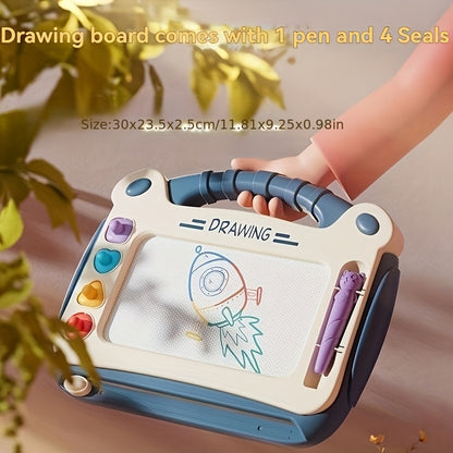 A Drawing Board for Kids That Includes Four Stamps, Four Holders, And One Pen. It'S an Educational Toy Designed for Learning, Perfect for Doodling, And Serves As a Smart Learning Tool. This Makes a Great Birthday Present for Both Boys And Girls
