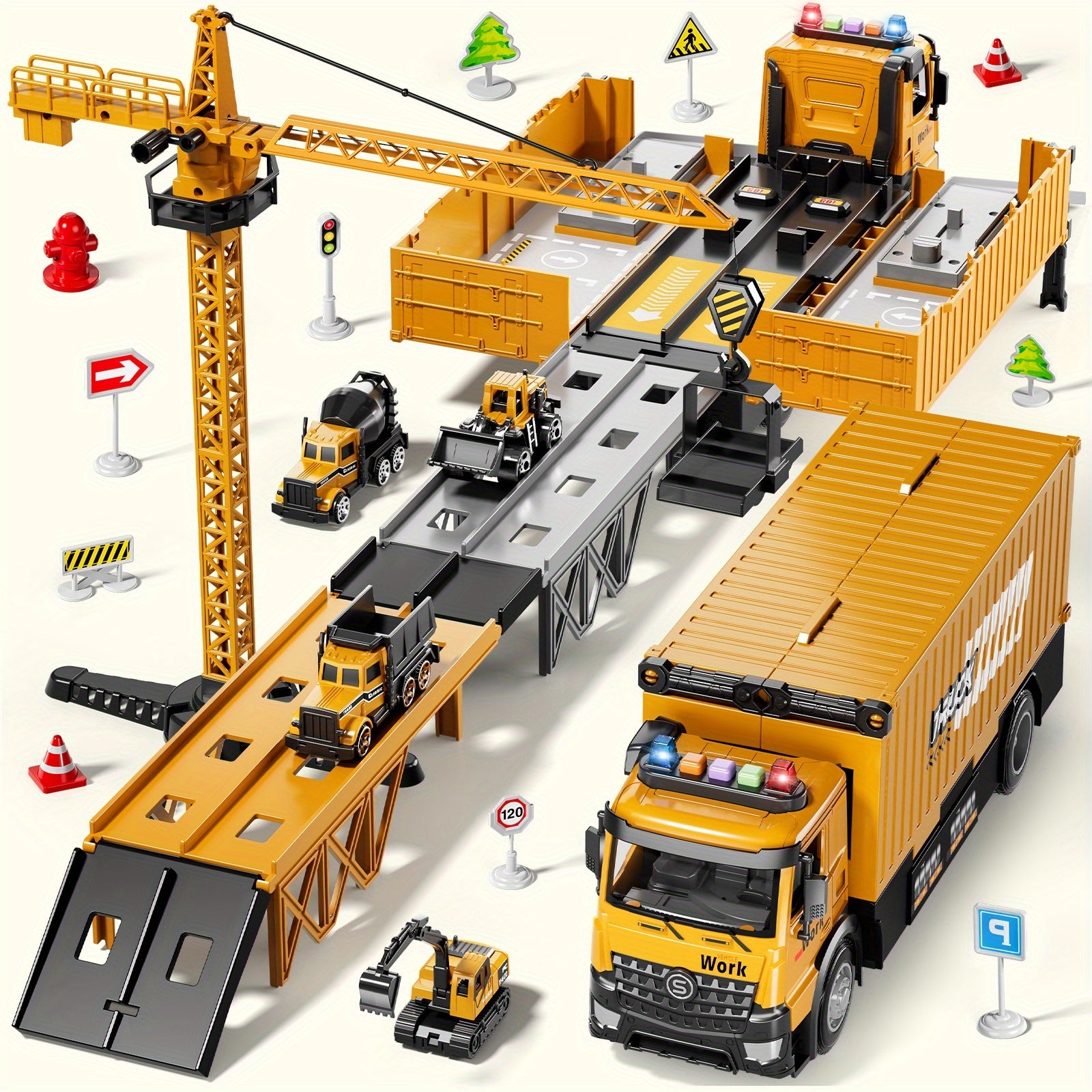 [Ideal Christmas] BABY HOME Multifunctional Construction Vehicle Container Truck Toy Set with Crane and Track Aged 3+, 4 Small Alloy Construction Truck, Foldable Double Racing Track, Realistic Sound & Flashing, Durable Construction Toy Vehicle, Ideal Chri