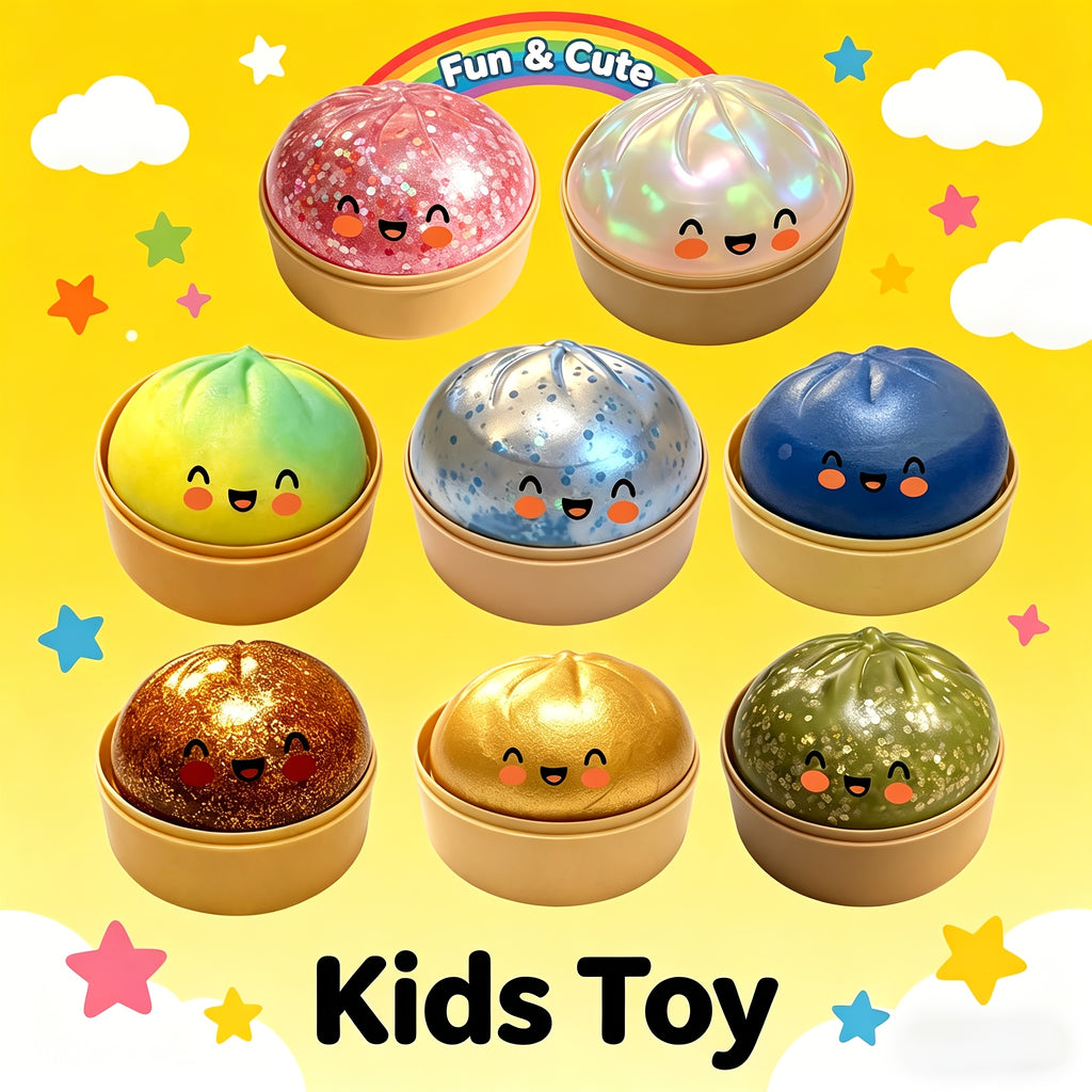 Multi-Item Party Favor Pack, 3 pcs Glitter Dumpling Squishy Stress Balls, 2026 Upgrade Glitter Dumpling Squishy Box, Fidget Sensory Toy, Colorful Dumplings, Stocking Stuffers with Steamer Stretchy Desk Toys, Random Colors