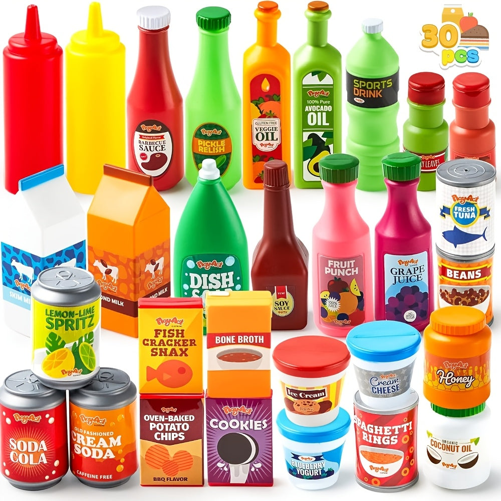 30pcs Play Food Grocery Cans Play Kitchen Additions, Pretend Play Food Set with Drink Juice Snack Yogurt, Easter Basket Stuffers, Kids Gifts Indoor Toys And Party Favors for Boys Girls