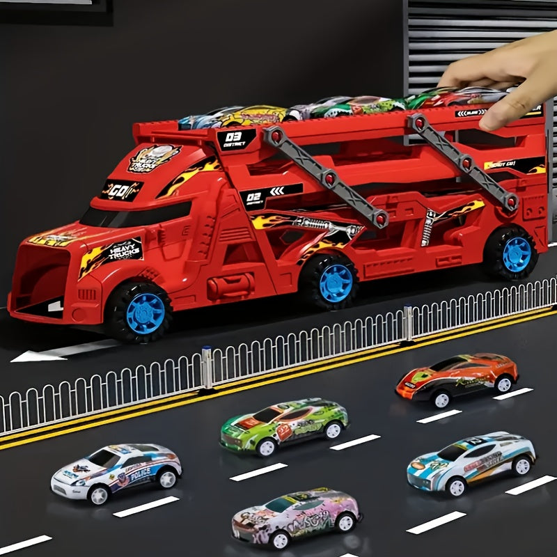 Red Transforming Launcher Truck Playset with 8 Alloy Cars - Foldable Storage Transporter Toy - Durable ABS Construction - Suitable for Ages 3+