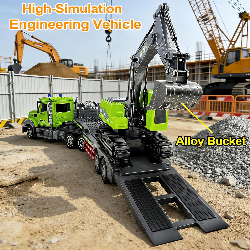 [Easter Gift] 11CH Construction Vehicle Set 1:12 Scale RC Semi Truck with Flatbed Trailer & Alloy Excavator, Sound & Lights Engineering Toy, Great Easter Gift Idea for Boys Children's
