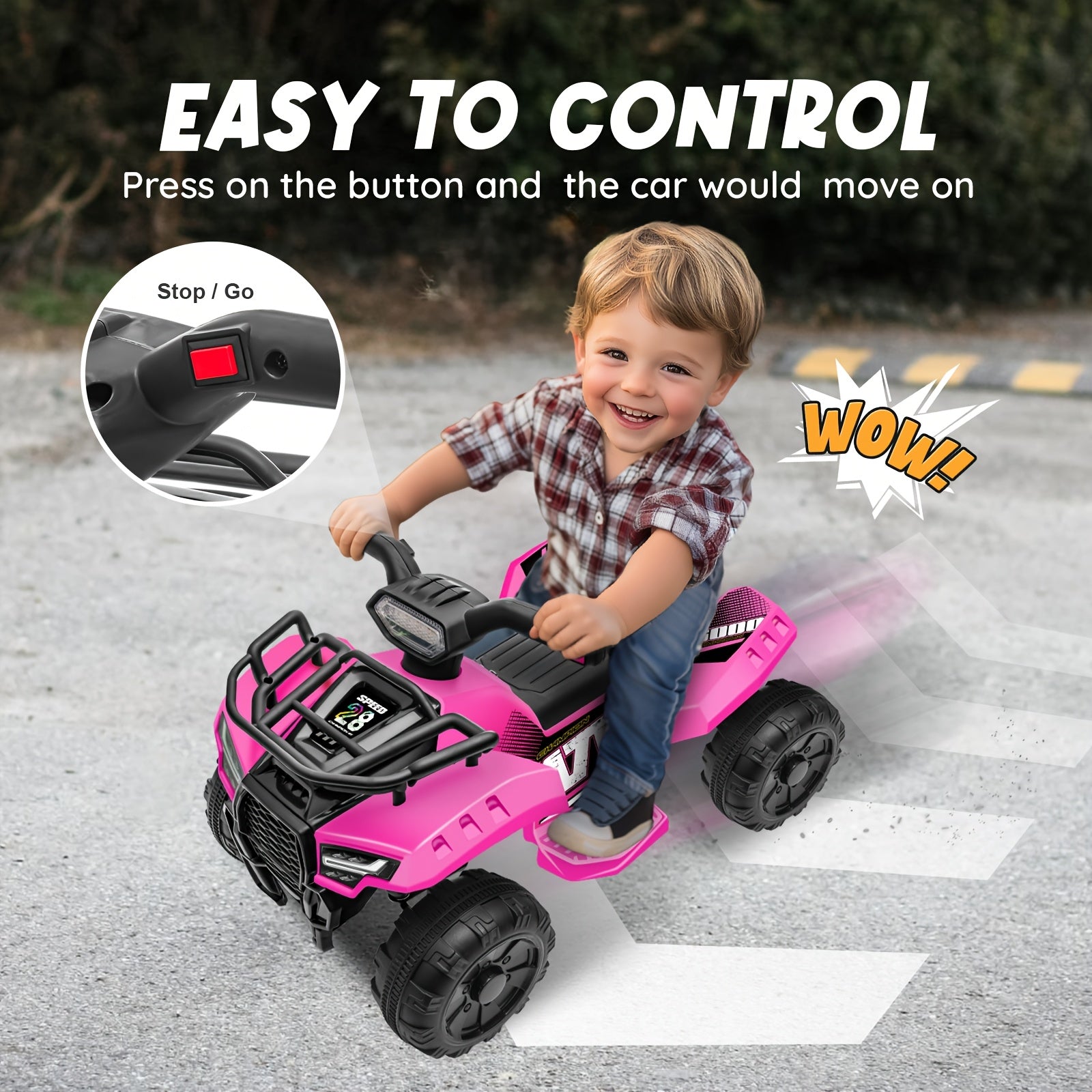 1pc 6V Kids Ride on Toy, 4-Wheeler Quad ATV with 1.2MPH Max Speed, Treaded Tires, Rubber Handles, Push-Button Go, Electric Ride on Toys Best Gifts for 18-36 Months Boys Girls
