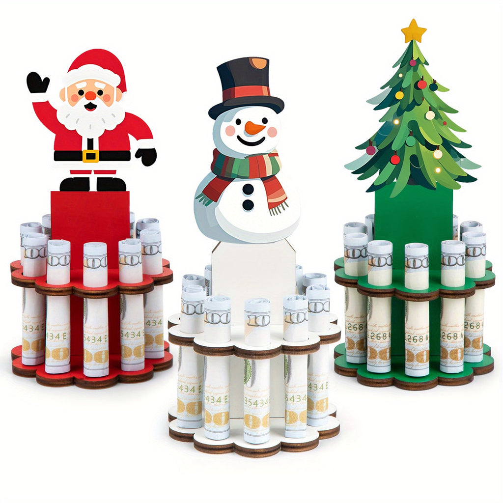 3SET Christmas Money Holder, Wooden Money Holders, Christmas Ornament Money Holder with 10 Holes, Money Dispenser Christmas Money Tree Table Decor for Winter Holiday Party Favors Supplies