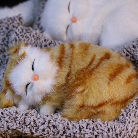 Realistic Simulation Sleeping Kitten Plush Toy, Kids Toddler Stuffed Animal Doll, Soft Faux Fur, Press Back for 3 Meow Sounds (Not Purring), Cute Mini Ornament for Car Home Bedroom Desk Decor, Birthday Holiday Gift for Children & Cat Lovers