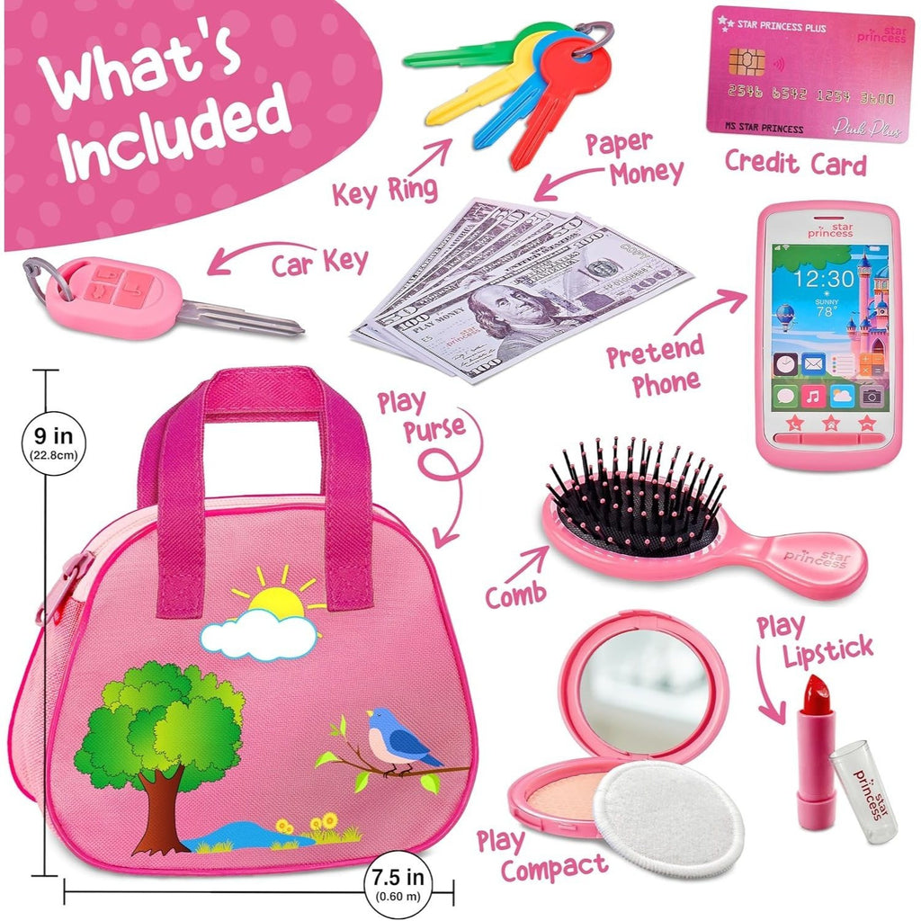 Play Purse for Little Girls with Accessories, Purse Toys for Girls with Pretend Play Makeup, Keys, Fake Smartphone, Dress Up Toy Purse for Kids - Excellent Birthday Gift for Little Girls