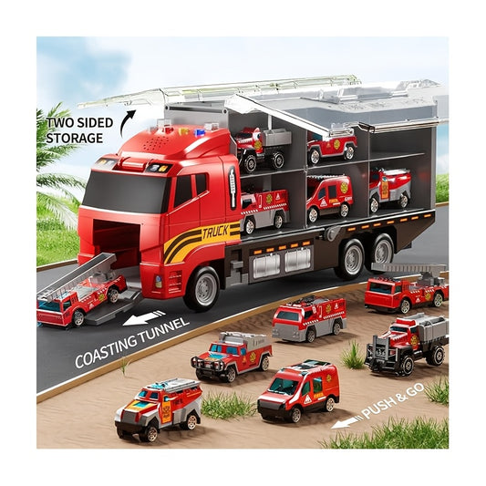 Toy Fire Truck Set Including a Play Mat, Carrier Truck Toys Designed for Children, a Die-Cast Metal Car Collection, Perfect As a Christmas Or Birthday Gift for Boys And Girls Aged 3 to 6 Years And Older