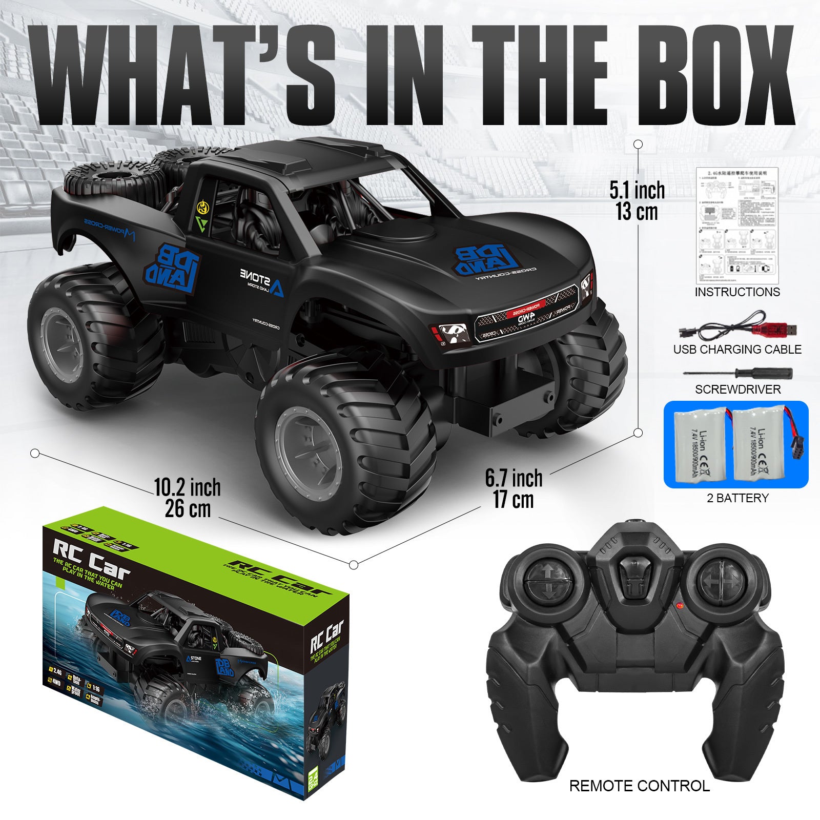 RC Trucks 4x4 Offroad Waterproof 1:16 Amphibious Remote Control Car with 2 Rechargeable Battery 4WD All Terrain Monster Truck RC Car for Boys 4-7 gift present
