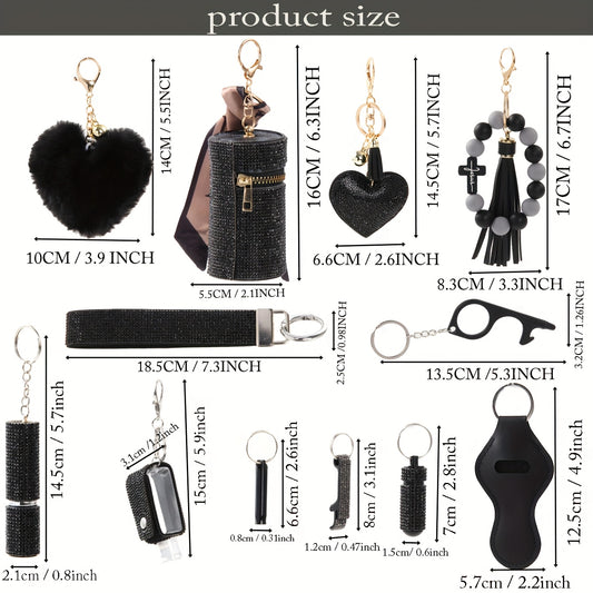13Pcs Unisex Shiny Rhinestone Women's KeyChain Set, Gadgets Set, Keychain Accessories Charms, Window Breaker, Survive Whistle, HandSanitizer Holder, Perfume Spray Bottle, Cross Beads Bracelet & Pu Tassels, Gift Box Packaging Holiday Gifts