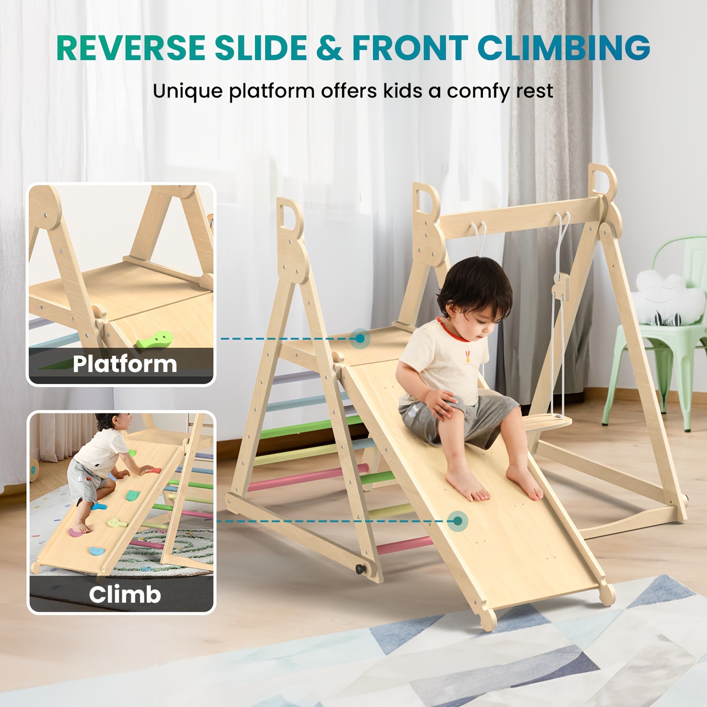 5-in-1 Foldable Indoor Jungle Gym for Toddlers Wooden Climbing Set with Slide, Swing, Ladder, Toddler Playground Playset for Kids 708.66inch+, Cognitive Development, Coordination (Rainbow, Blue).