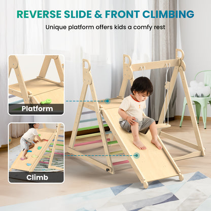 5-in-1 Foldable Indoor Jungle Gym for Toddlers Wooden Climbing Set with Slide, Swing, Ladder, Toddler Playground Playset for Kids 708.66inch+, Cognitive Development, Coordination (Rainbow, Blue).