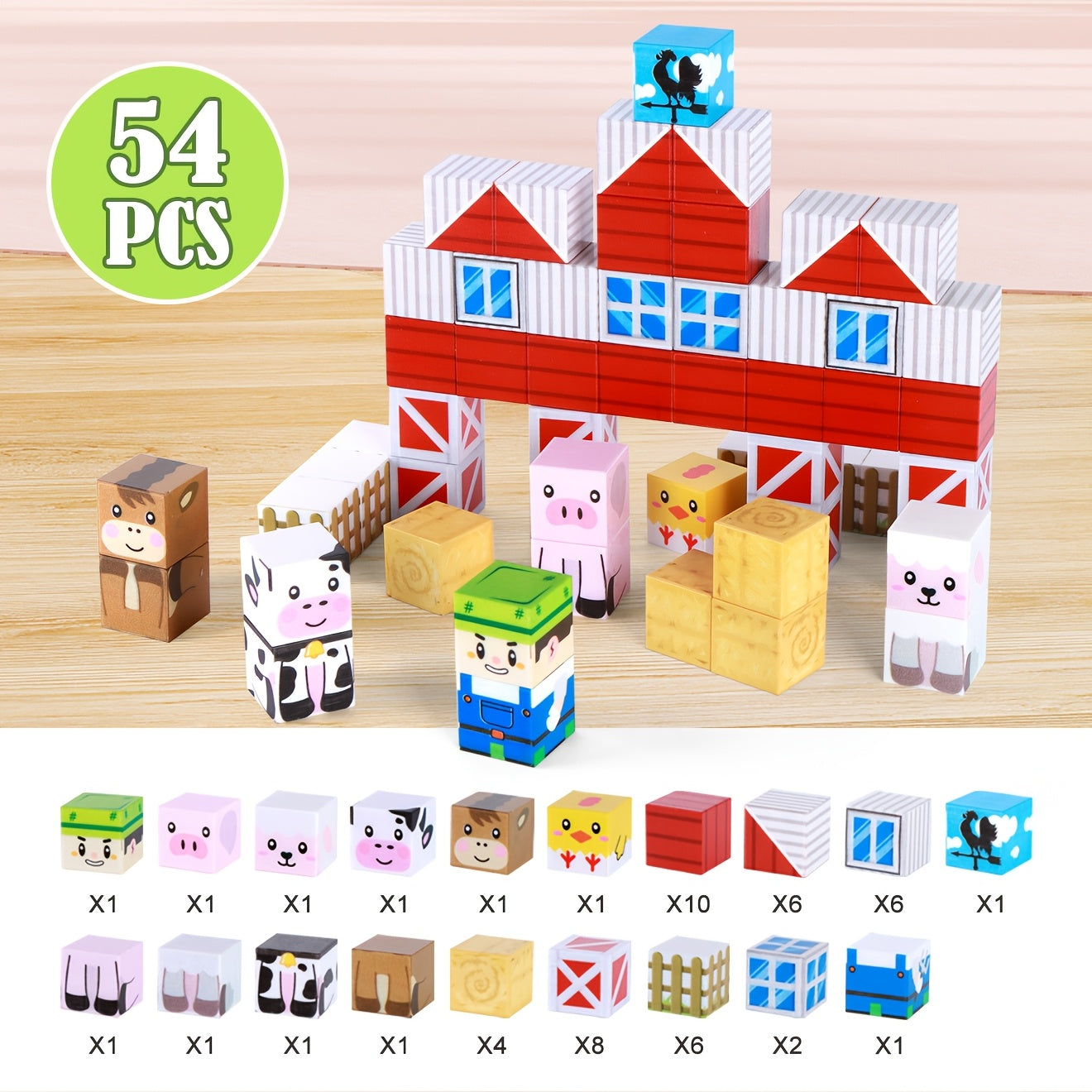 54pcs Magnetic Construction Block Set - Farm Animal And Farmer Theme STEM Educational Toy, Magnetic Cubes for Children, Creative And Learning Building Toys, Ideal Gift for Christmas, Birthdays, And Easter