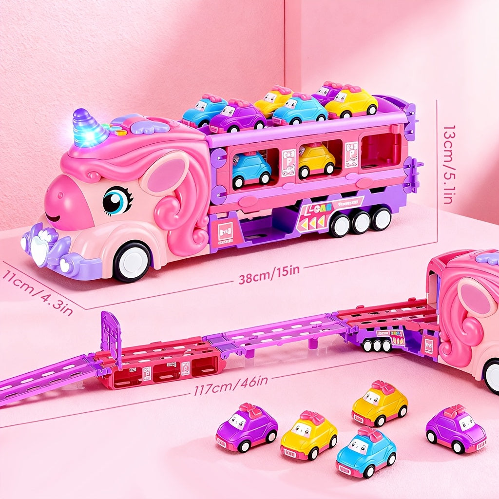 Pink Monster Toy Truck Track Set with 8 Princess Cars, Light Sound - Friction Power Car Toys with 2-Player Fold Out Track, Plastic Tracks for Girls & Boys 3+, Birthday/Holiday Gift Suitable