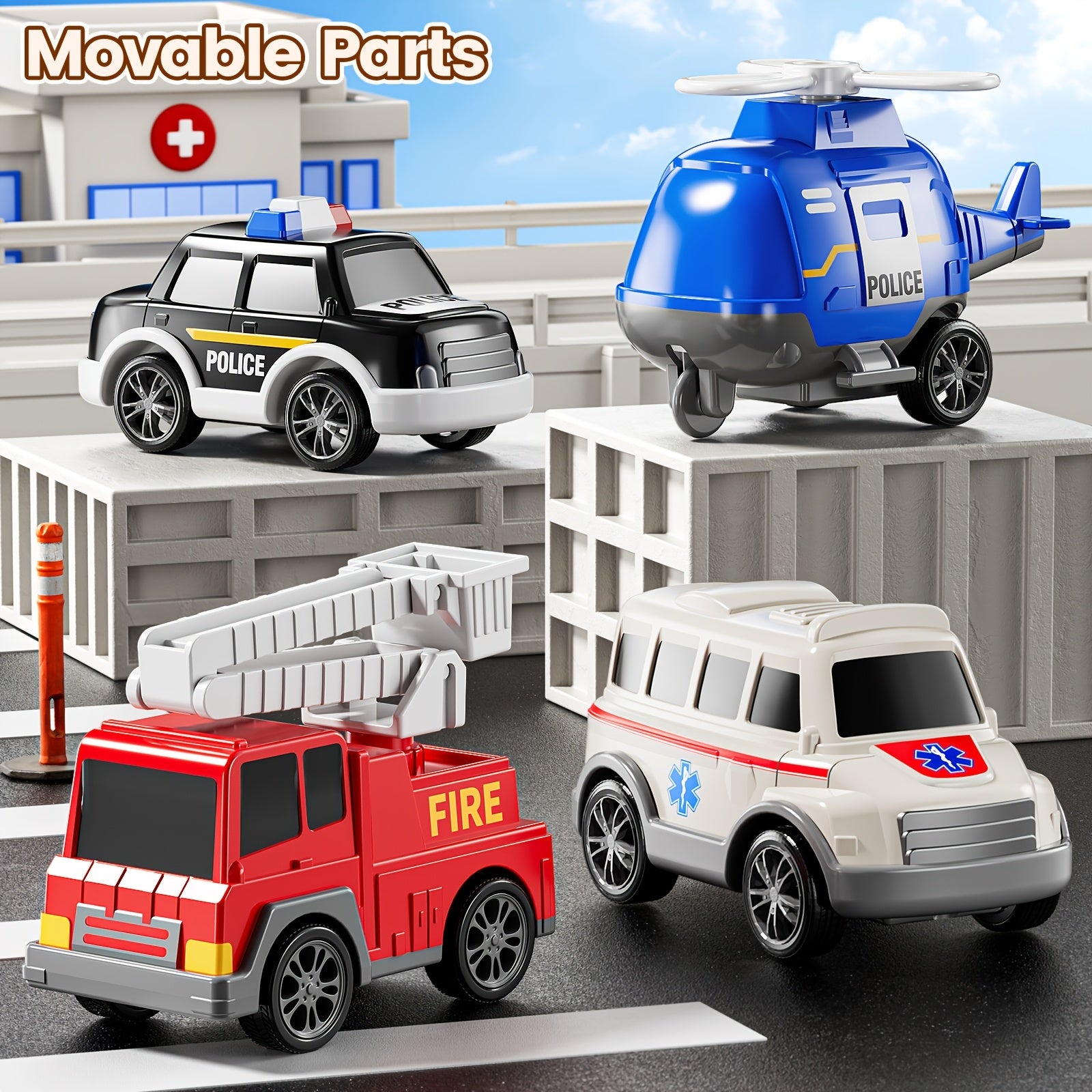 Ambulance/ Construction Truck Toys, 5in 1 Carrier Trucks Cars for Boy Toys Birthday, Car Trucks Friction Power Toys with Light Sound