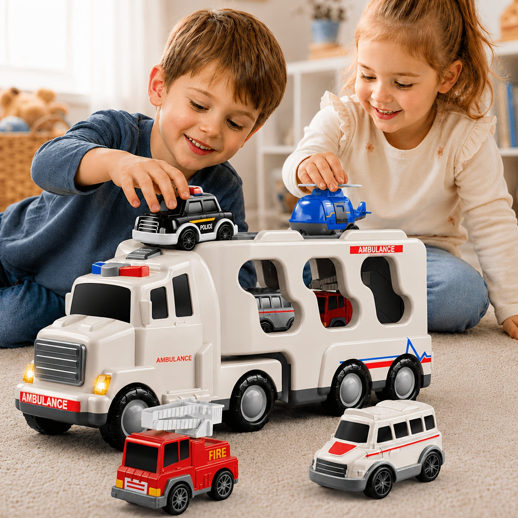 Babyhome Ambulance Truck 5 in 1 with Lighting & Sound, Friction Power Vehicle, Rescue Helicopter, Police Car, Fire Truck, Ambulance, Christmas, Birthday Gift, Interactive Toy Combination Toy Car