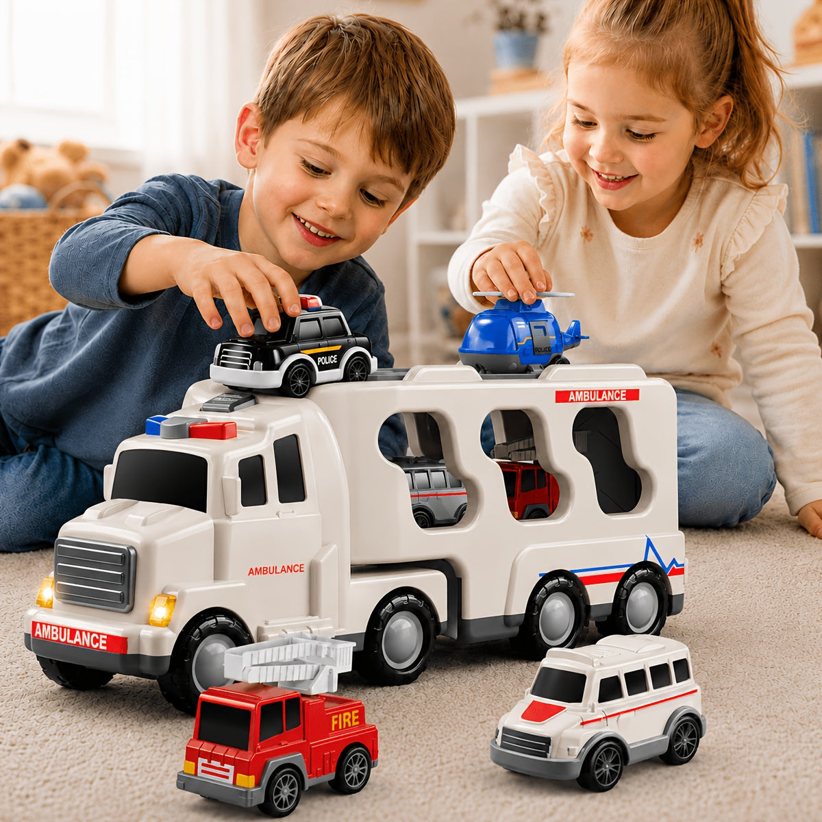 Babyhome Ambulance Truck 5 in 1 with Lighting & Sound, Friction Power Vehicle, Rescue Helicopter, Police Car, Fire Truck, Ambulance, Christmas, Birthday Gift, Interactive Toy Combination Toy Car