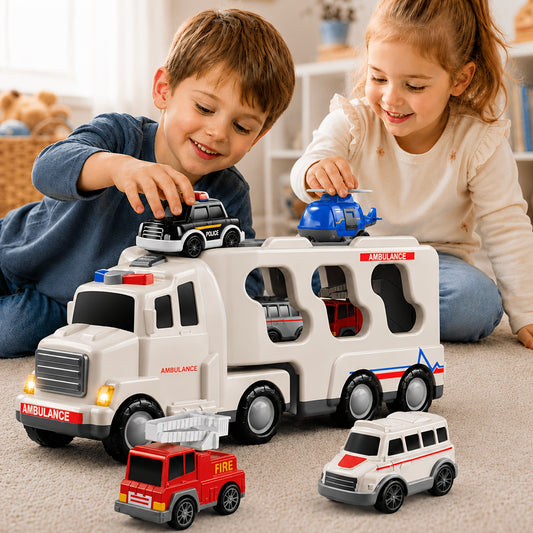 Babyhome Ambulance Truck 5 in 1 with Lighting & Sound, Friction Power Vehicle, Rescue Helicopter, Police Car, Fire Truck, Ambulance, Christmas, Birthday Gift, Interactive Toy Combination Toy Car
