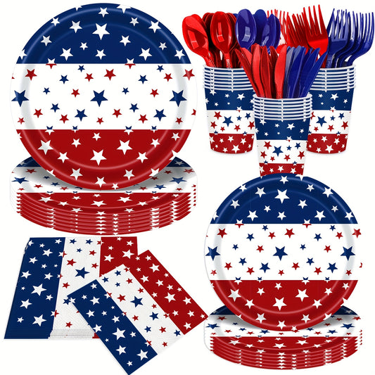 140pcs Independence Day Party Supplies 4Th of July Party Decorations Plates And Napkins Patriotic Memorial Day Party Decor Star Print Paper Plates, Serve for 20