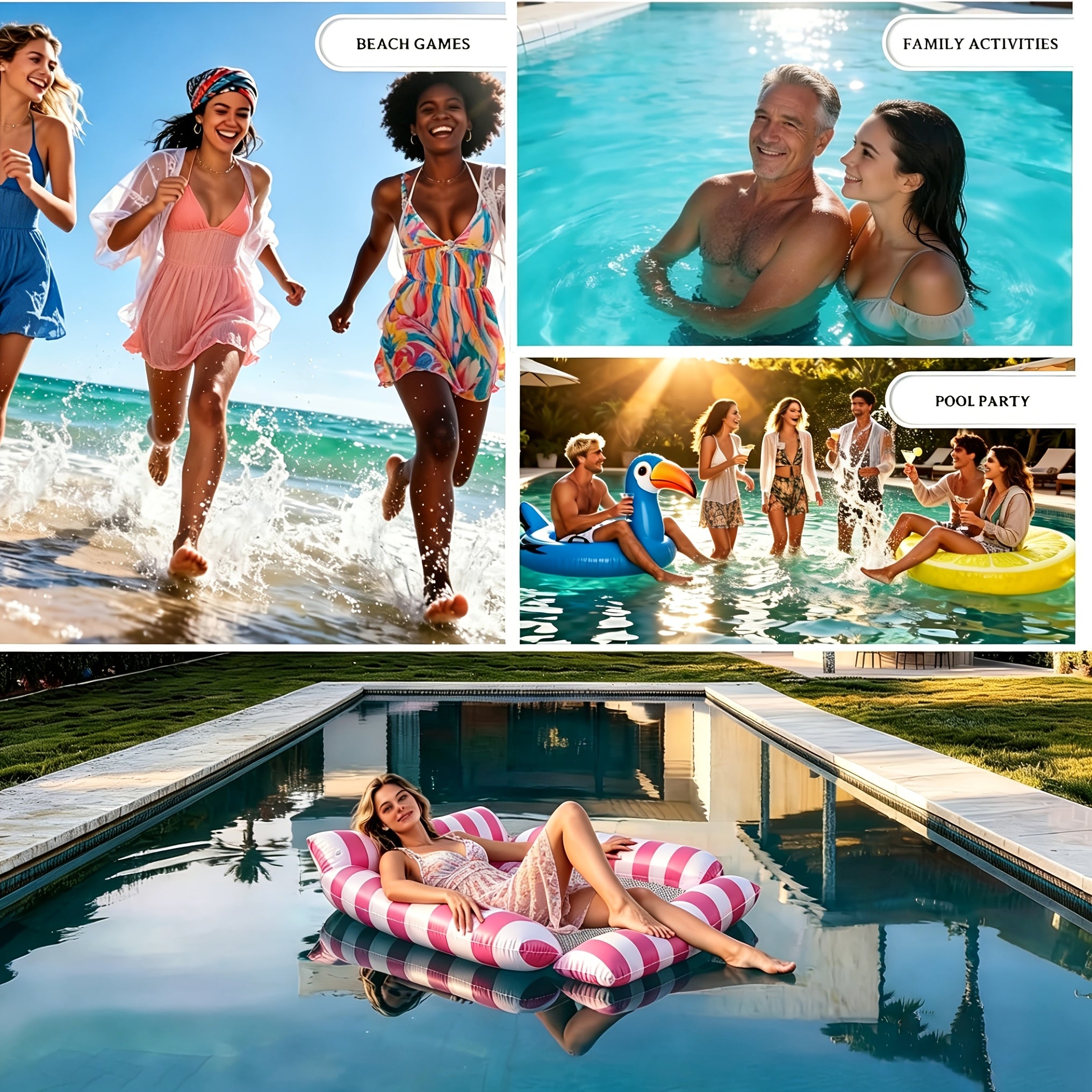 2/3pcs Adult Inflatable Pool Float Bed, Floating Pool Chair with Cooling Mesh, 110Cm/43.3In Portable Foldable Seat, Beach Vacation Essential, Striped Adult Float Bed, Inflatable Swim Ring