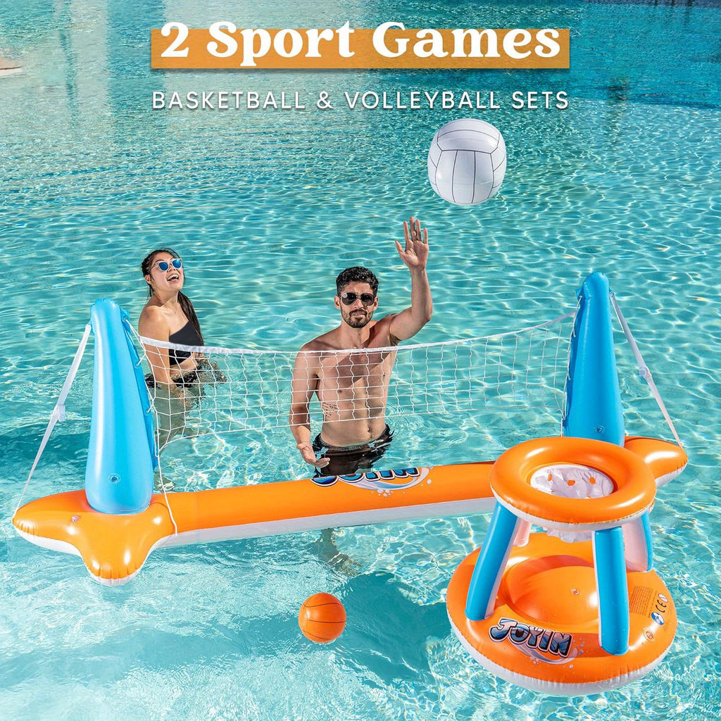 SYNCFUN Inflatable Pool Float Set Volleyball Net & Basketball Hoops, Floating Swimming Party Games & Activities Toy for Kids And Adults, Summer Floaties, Volleyball Court Basketball, L-Orange