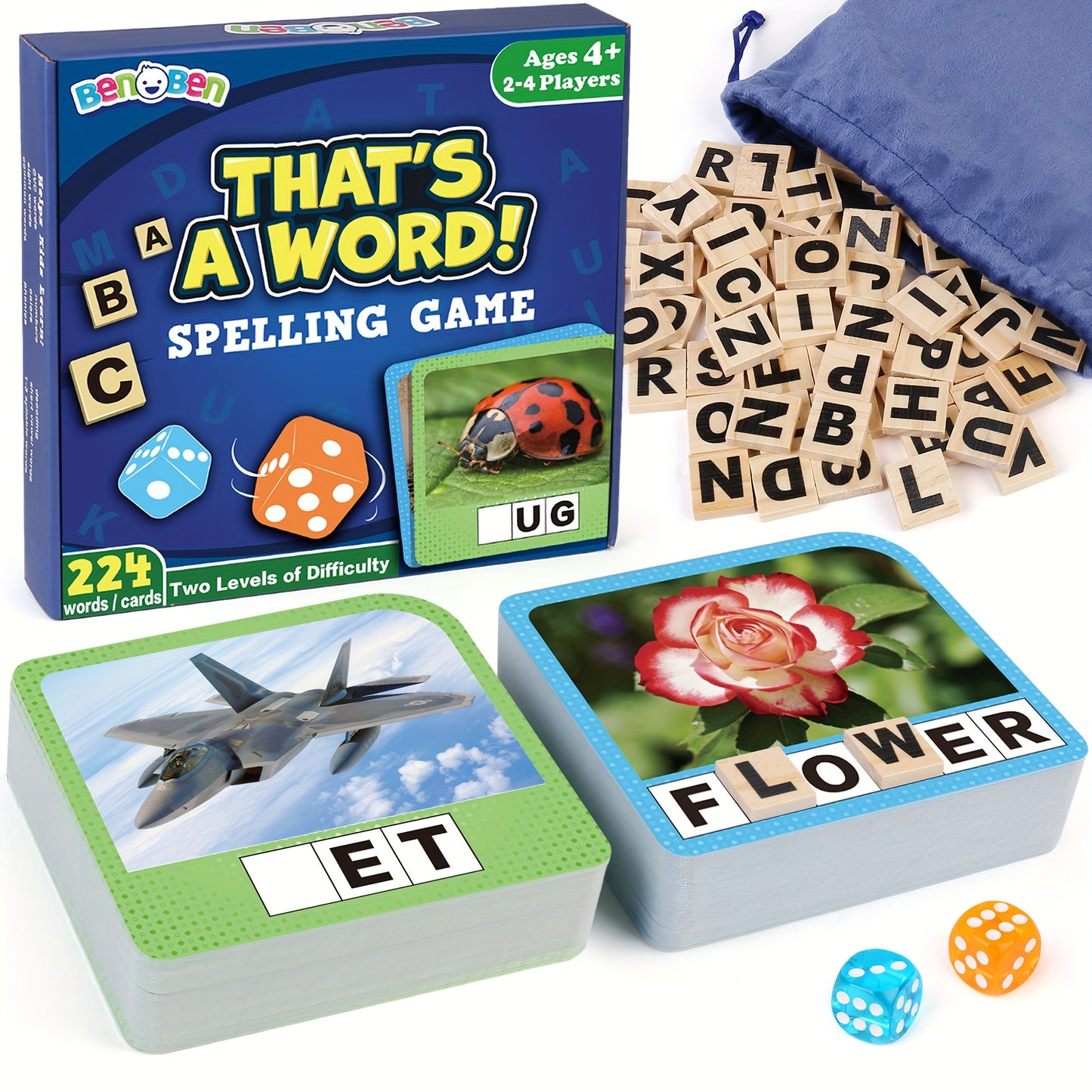 Kids Spelling Games Flash Card Sight Word Flashcards Wood Letter Tiles, Word Tile Dice Rolling Game for Kids Age 4+, Learning Educational Phonic for Kindergarten Preschool Autism Classroom Must Haves, Birthday Christmas Gift for Boys Girls 4.7*4.35''