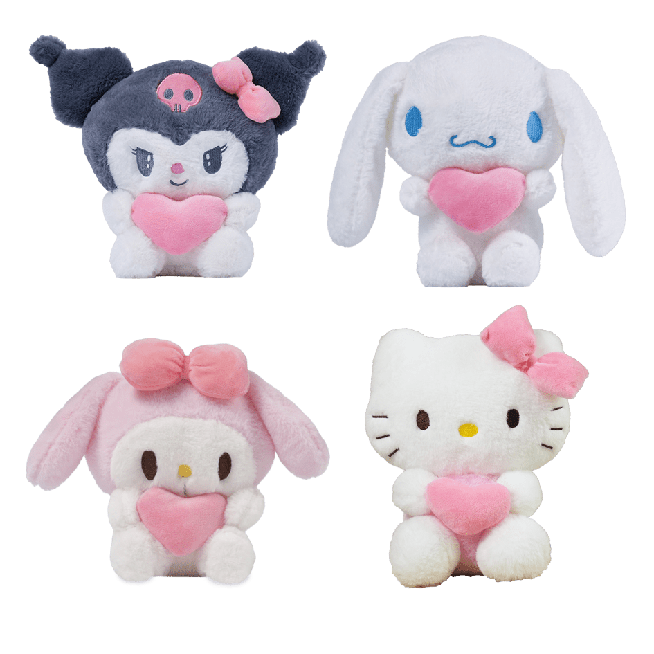 (Licensed) Sanrio 5pcs Set: Adorable Hello Kitty, Kuromi, Melody, and Gudetama Plushies Holding Hearts Perfect for Birthday Gifts, Holiday Surprises, Christmas, Thanksgiving, and Atmospheric Decora
