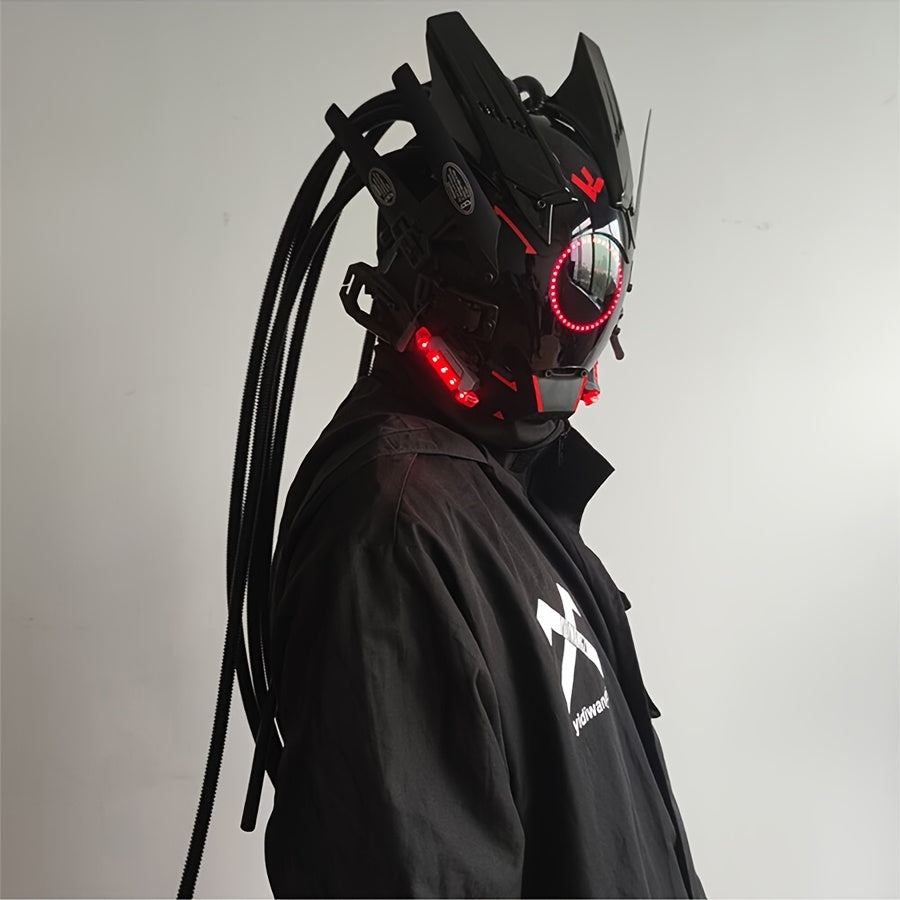 1pc Fashion Cool LED Punk Mask with Braids, Futurist Sci Fi Mechanical Mask Halloween Cosplay Samurai Mask Music Festival Party Cool Play Accessories Adult Gift