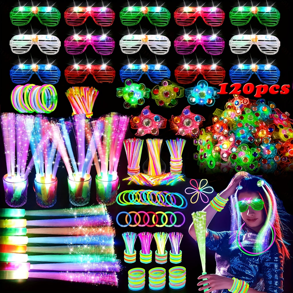 MEZHOBBY 120pcs Glow In The Dark Party Supplies, Including Glow Rings, Glowing Ring, LED Glasses, Glow Sticks And LED Hair Clips Fiber Optic for Neon Party, Wedding, Birthday, Concert, New Year