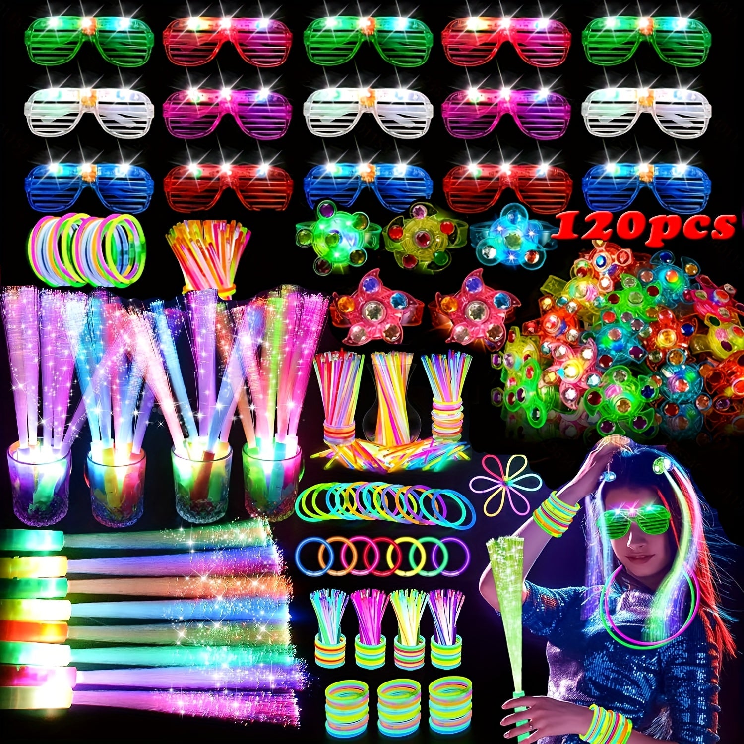 MEZHOBBY 120pcs Glow In The Dark Party Supplies, Including Glow Rings, Glowing Ring, LED Glasses, Glow Sticks And LED Hair Clips Fiber Optic for Neon Party, Wedding, Birthday, Concert, New Year