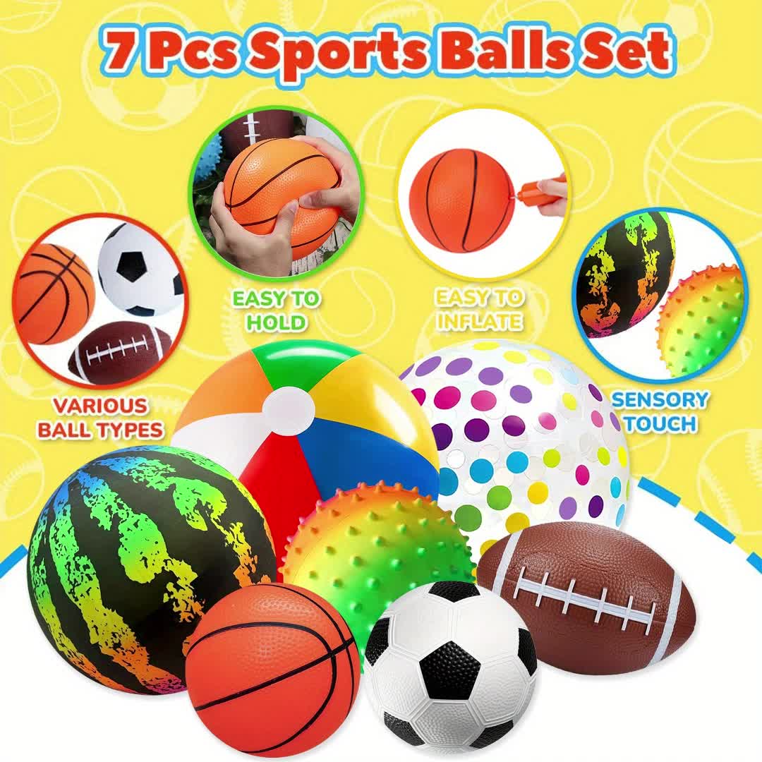 7pcs Ball Toy Set (with Air Pump) -10.6-inch Large Playground Ball to 6-inch Basketball/football/rugby, Suitable for Home, Yard, Pool, Classroom, Park Use, Ideal Party Gift for Children of 472.44inch+
