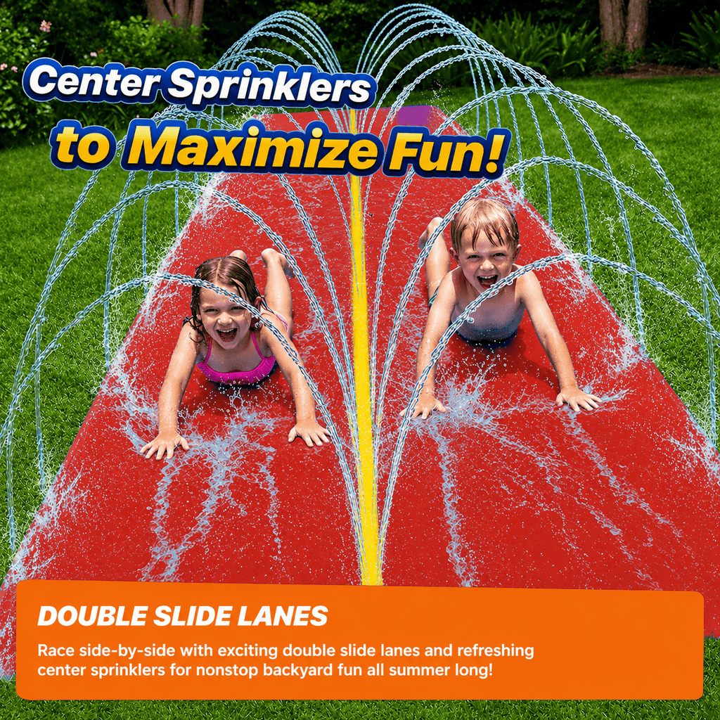 18x5FT Dual Lane Kids Water Slide – Outdoor Slide Summer Toy | Heavy Duty PVC Lawn Water Mat with Built-In Zigzag Sprinkler System | Summer Water Activities for Boys & Girls Ages 3+ (Red)
