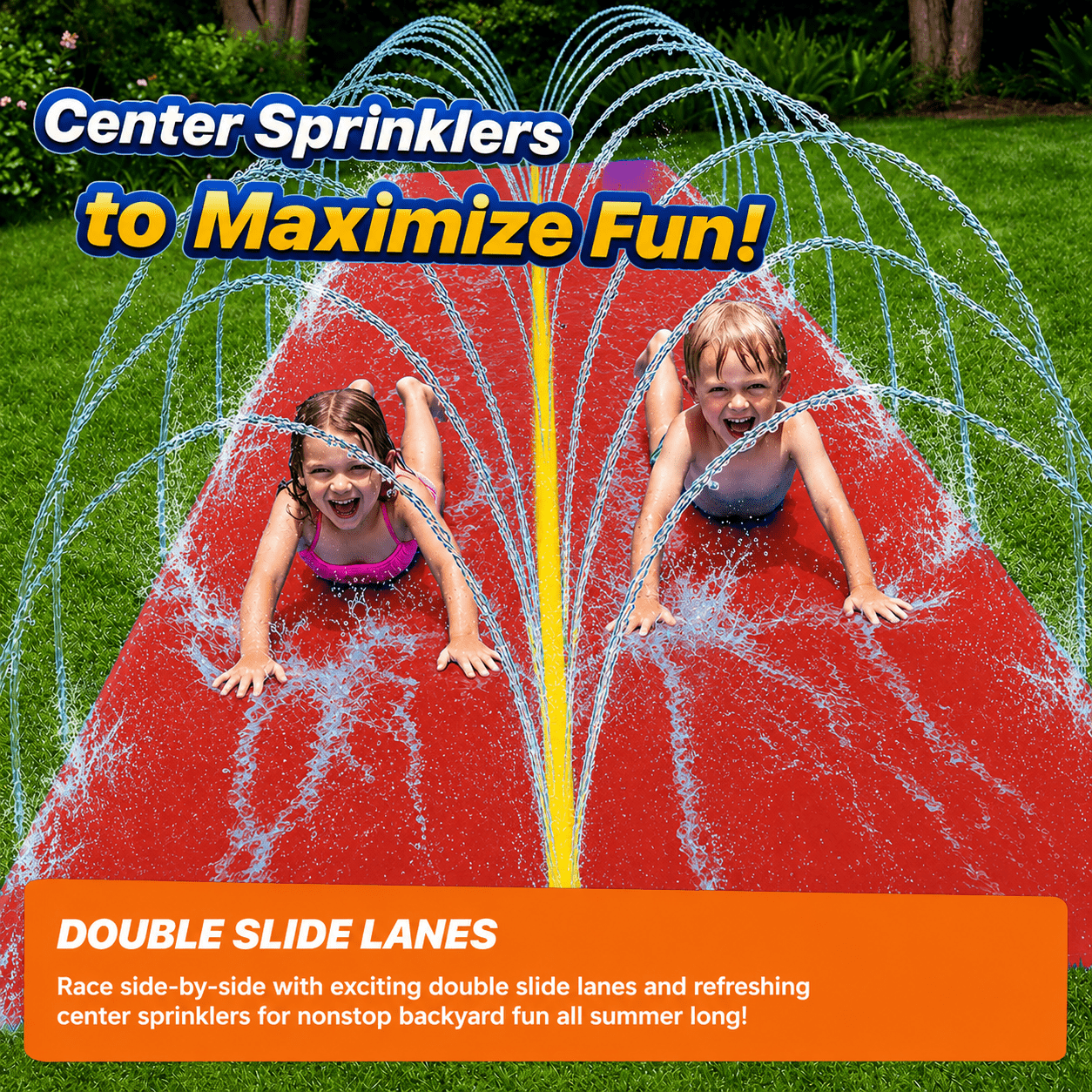 18x5FT Dual Lane Kids Water Slide – Outdoor Slide Summer Toy | Heavy Duty PVC Lawn Water Mat with Built-In Zigzag Sprinkler System | Summer Water Activities for Boys & Girls Ages 3+ (Red)