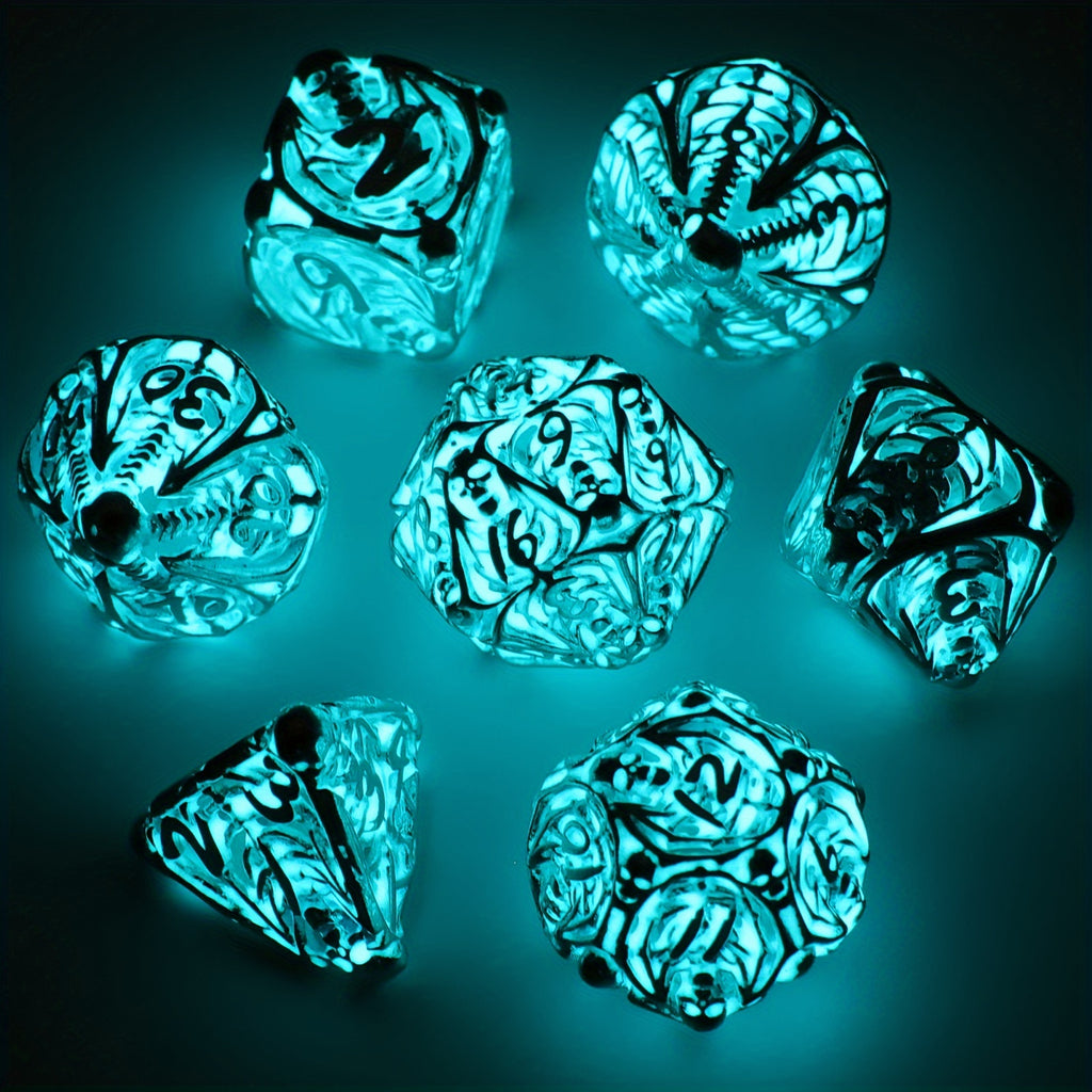 Glow In The Dark Skull Metal Dice Set 7pcs, UV Fluorescent Hollow Polyhedral RPG Dice, DND Dice, Gift For Gamers, Ideal Christmas Halloween Easter Gifts