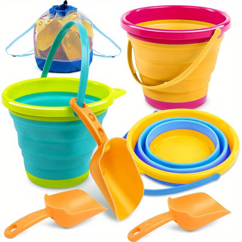 Foldable Beach Bucket Set - 3 Packs Collapsible Toy Buckets with Shovels and Mesh Backpack Party, Camping Gear, Travelling, Fishing Water Pail