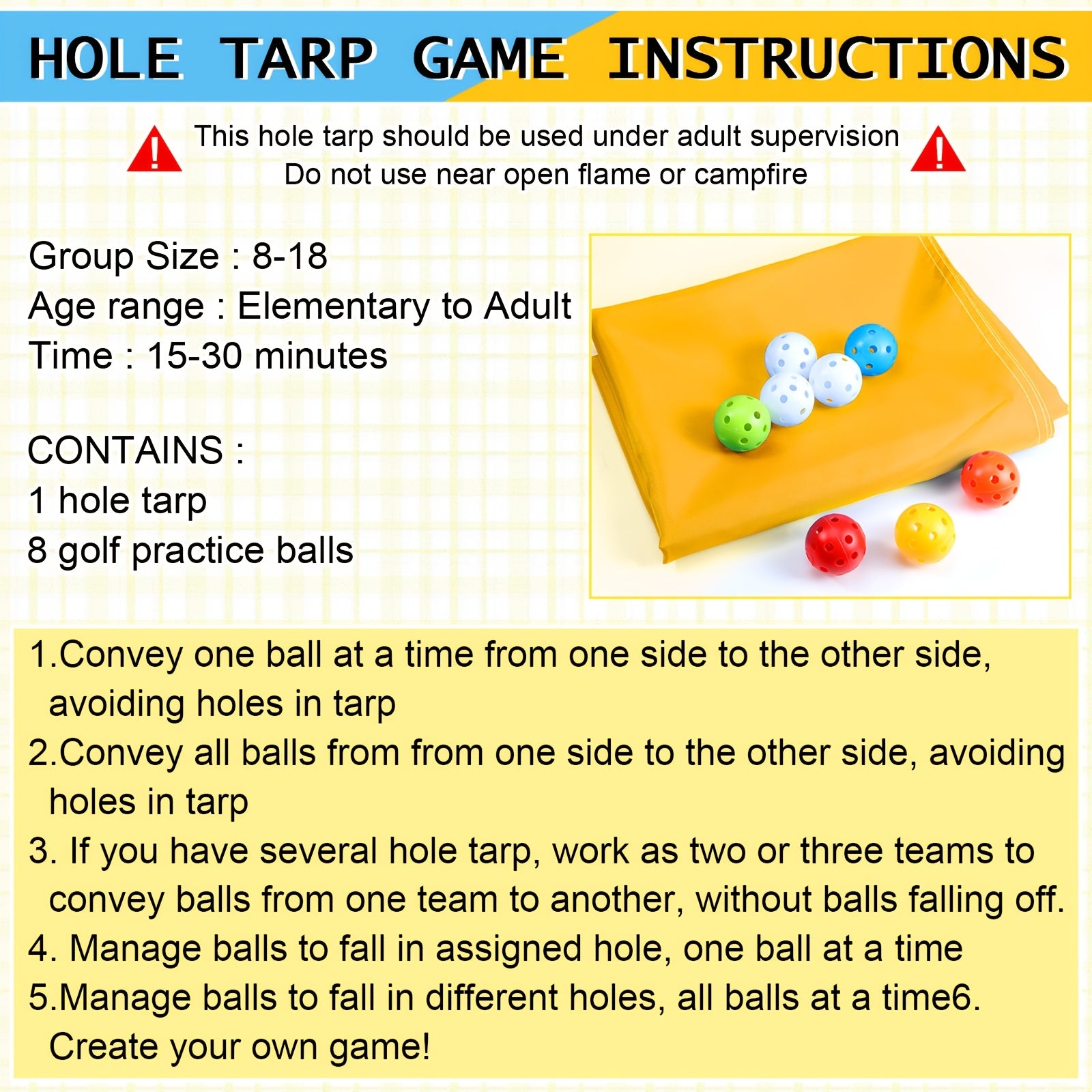 Yellow Hole Tarp for team Building Game 98 X 70 Inch Learning Fun for team Building Games For Work With 8pcs for team Building Ball For Teamwork Group