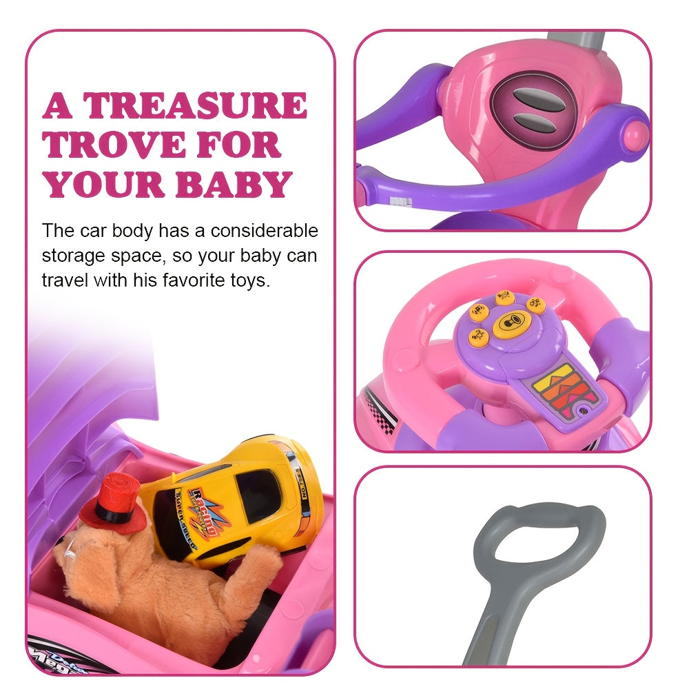 [Fun Playset] 3-in-1 Youngsters Playset: Pink Push, Ride & Walker Car | Safe & Fun for Indoor/Outdoor Play with Guardrail, Music & Under Seat Storage - Ages 18-36 Months