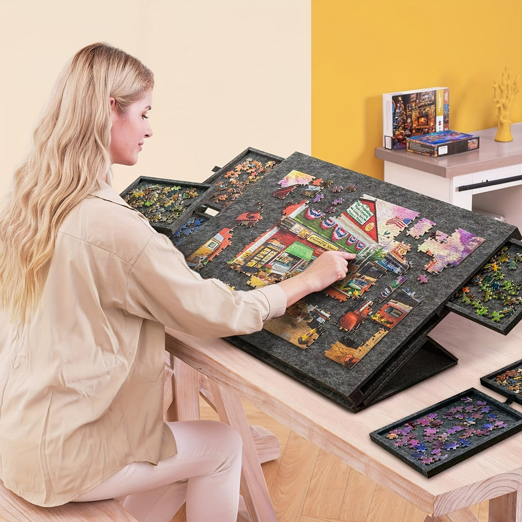 Portable Puzzle Table, Lightweight Felt Jigsaw Board Featuring 6 Storage Drawers, Adjustable Tilt Function, 2-In-1 Stand with a Protective Cover, Non-Slip Surface And Carry Handle, Perfect Gift for Puzzle Lovers