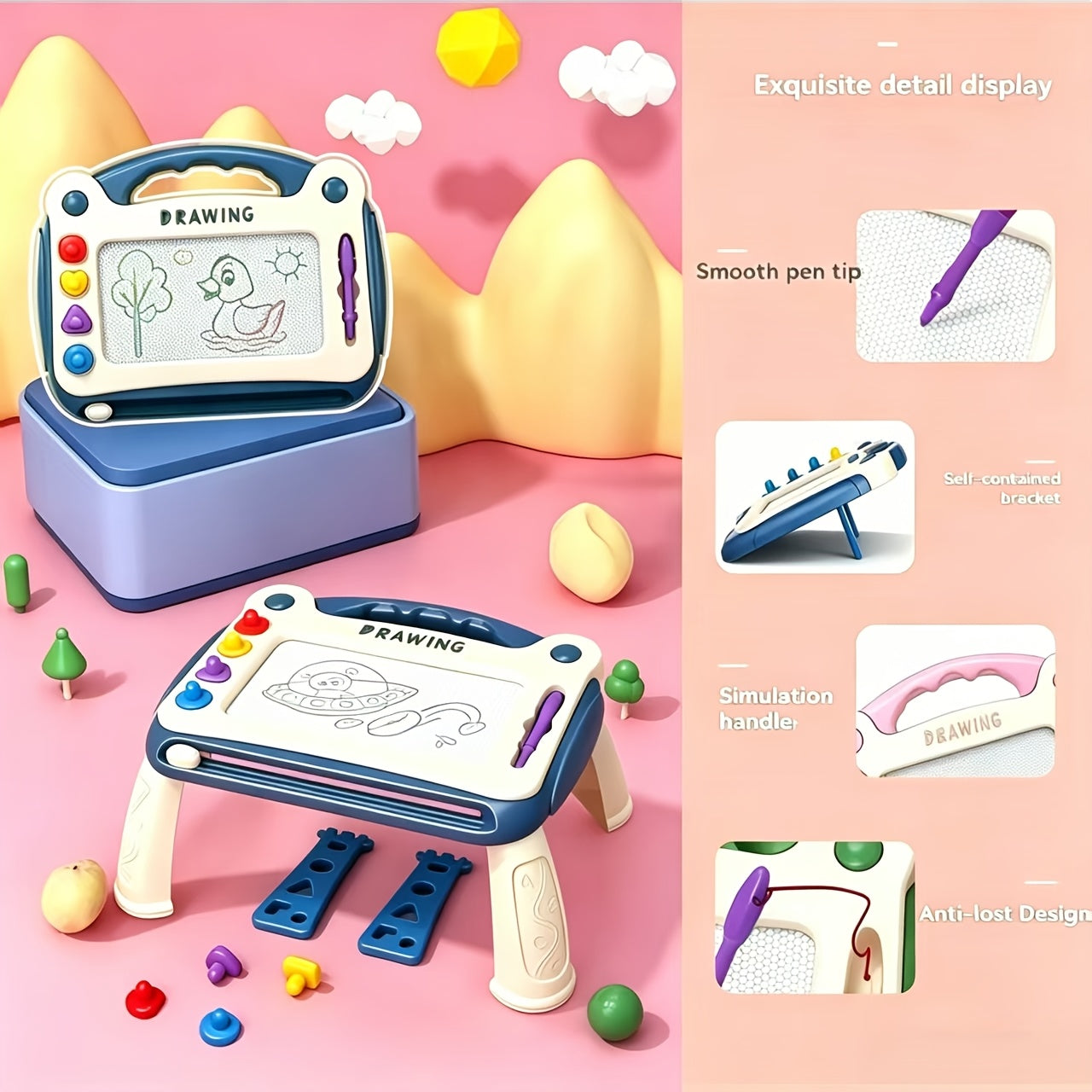 A Drawing Board for Kids That Includes Four Stamps, Four Holders, And One Pen. It'S an Educational Toy Designed for Learning, Perfect for Doodling, And Serves As a Smart Learning Tool. This Makes a Great Birthday Present for Both Boys And Girls
