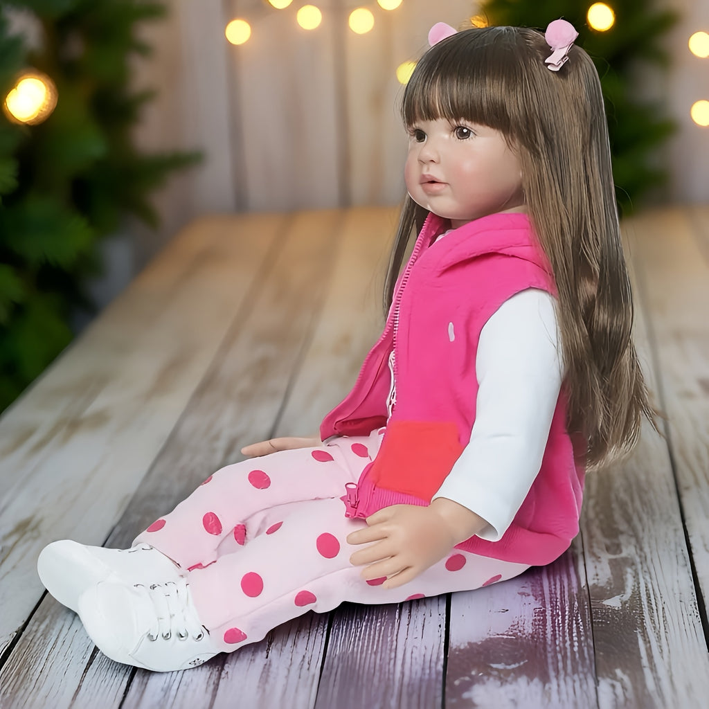 24" 60cm Handmade Realistic Reborn Baby Doll - Newborn Princess Girl with Long Dark Hair, Soft Vinyl & Cloth Body, Lifelike Light Beige Texture & Rosy Cheeks, Includes Outfit, Pacifier, Bottle & Birth Certificate - Educational Gift for Kids, Collectible D