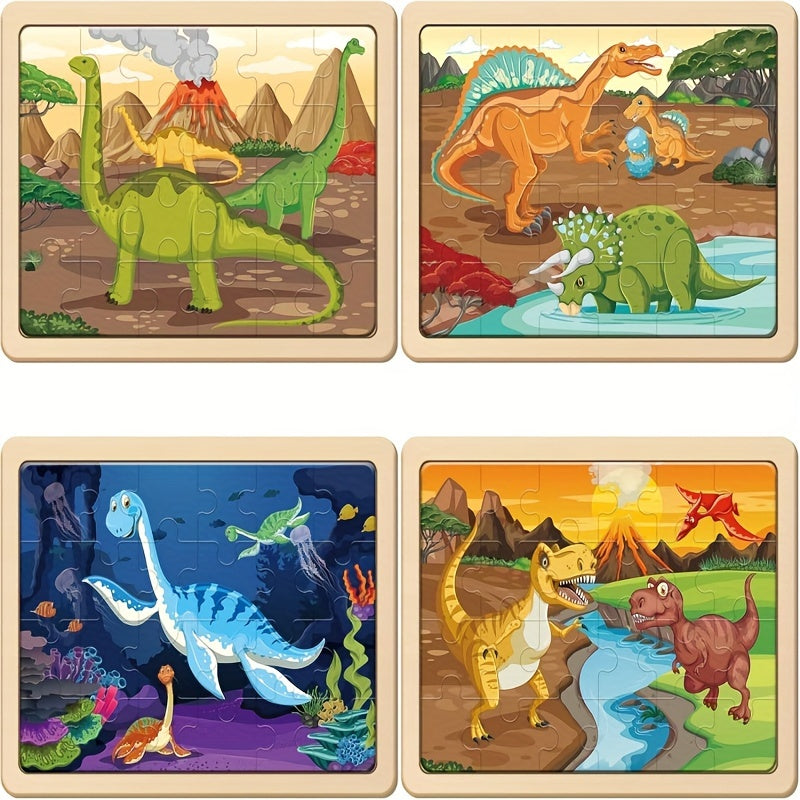 Wooden Dinosaur Puzzle for Children Ages 3+ Years Old, 4 Bags, 24pcs, Brain Sharp Turning Board, Children's Gift, Wooden Dinosaur Puzzle, Suitable for Boys And Girls
