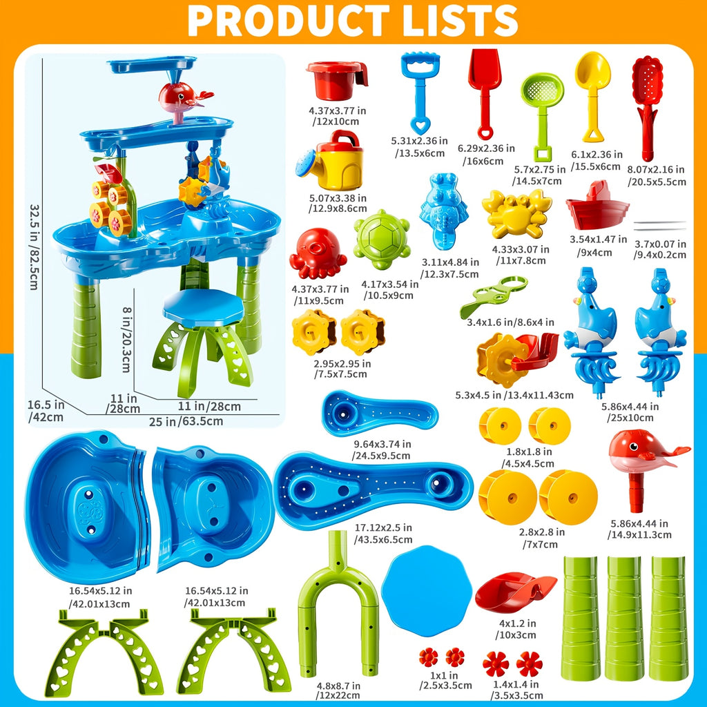 3-Tier Kids Sand Water Table with Shovel, Scoop & Strainer - Outdoor Blue Educational Sensory Play for Beach, Backyard, Summer Holidays