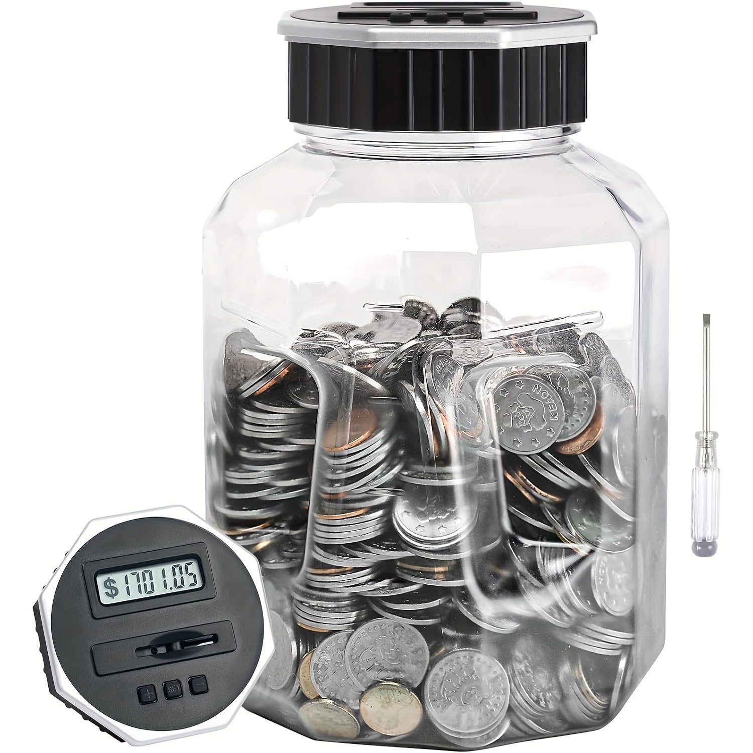 Extra-Large Adult Piggy Bank | Digital Coin Counting Jar with LCD Counter, 2.4-Liter Capacity, Displays Total Amount, Transparent Acrylic, Silvery