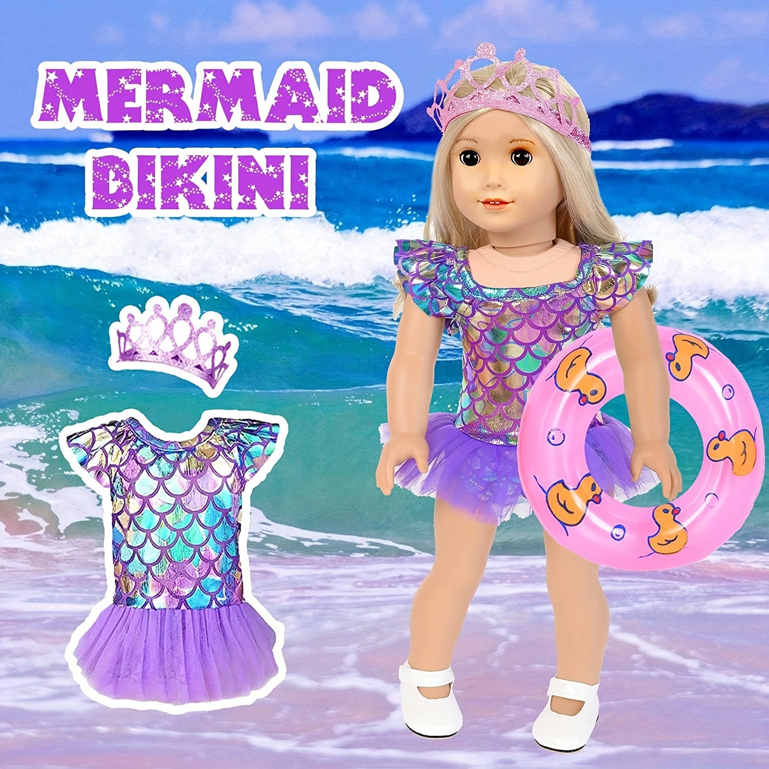 18 Inch Doll Clothes.(No Doll)And Accessories Mermaid Dress Luggage Case Travel Play Set Include Suitcase, Dresses, Bag, Camera, Glasses, Pillow, Eyeshade.Christmas Gift for Ages 3+