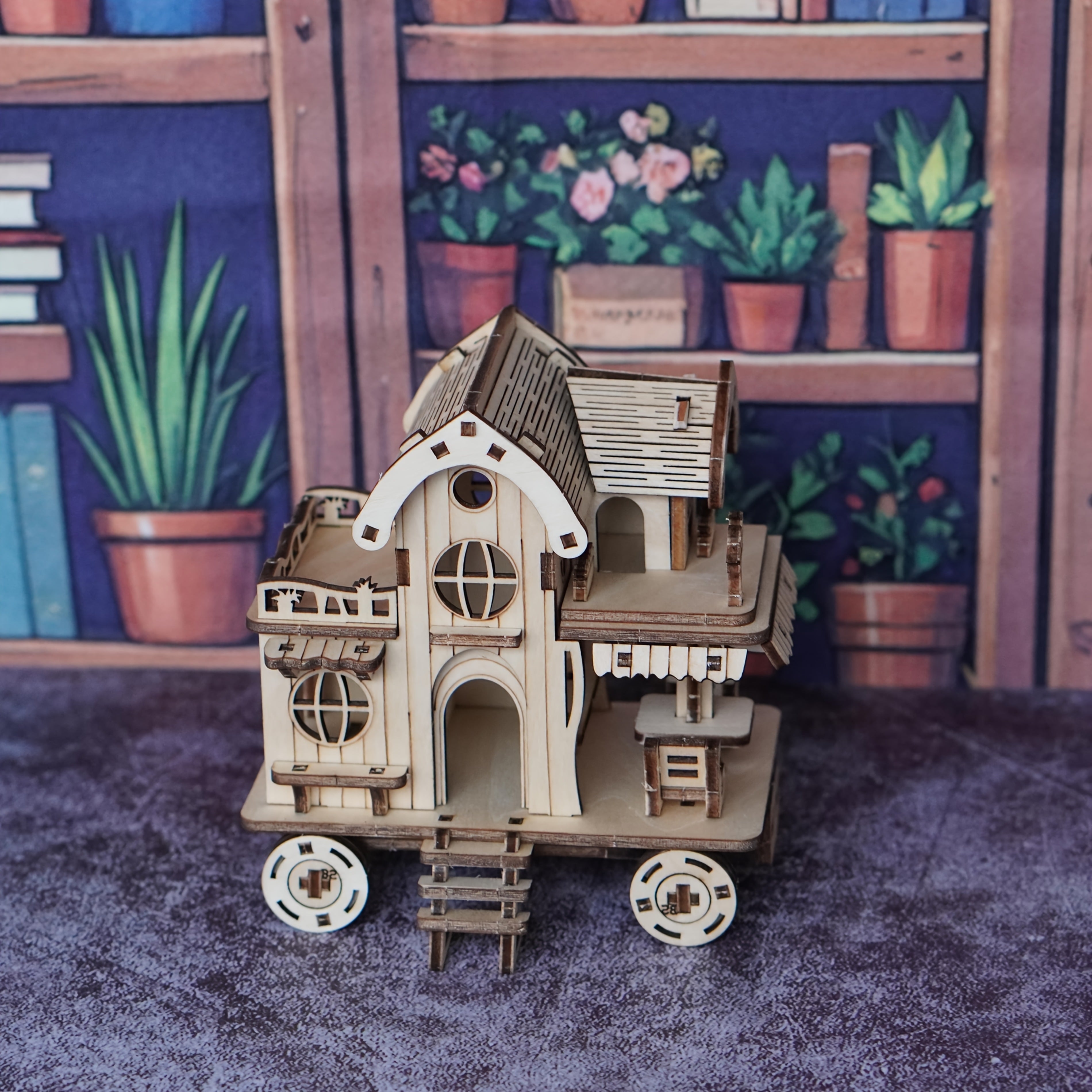A 3D Wooden Puzzle of a Villa, Featuring a Mobile House on Wheels, Designed As a Model of a Wooden Café Bar. These Handcrafted Wooden Assembly Blocks Make an Ideal Gift for Loved Ones