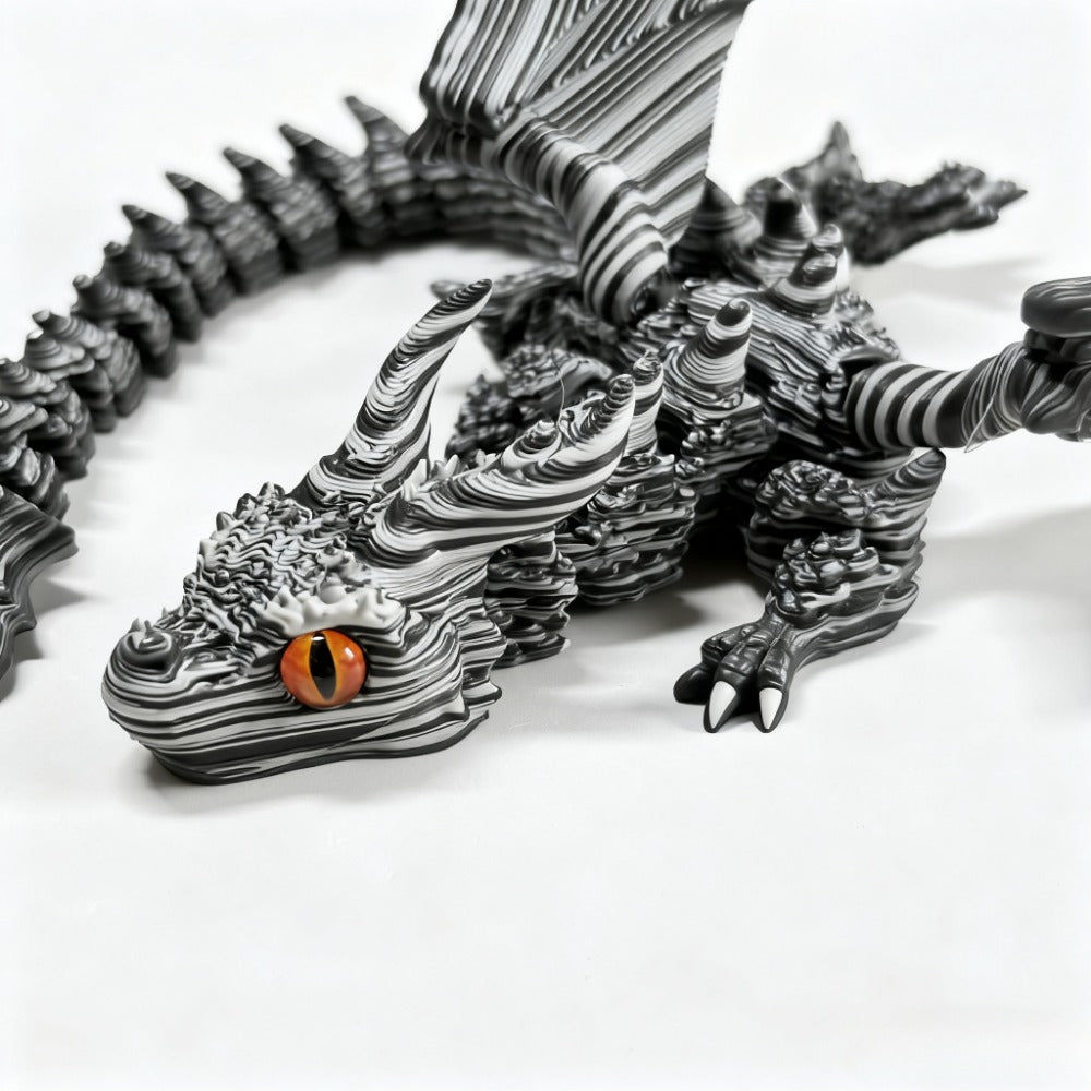 [3D Printed Dragon Statue] Cybernetic Dragon Statue, Random Eye Color - 3D Printed Black & White Swirl Figurine, Articulated Collectible Art for Desktop Display, Perfect for Teens 14+