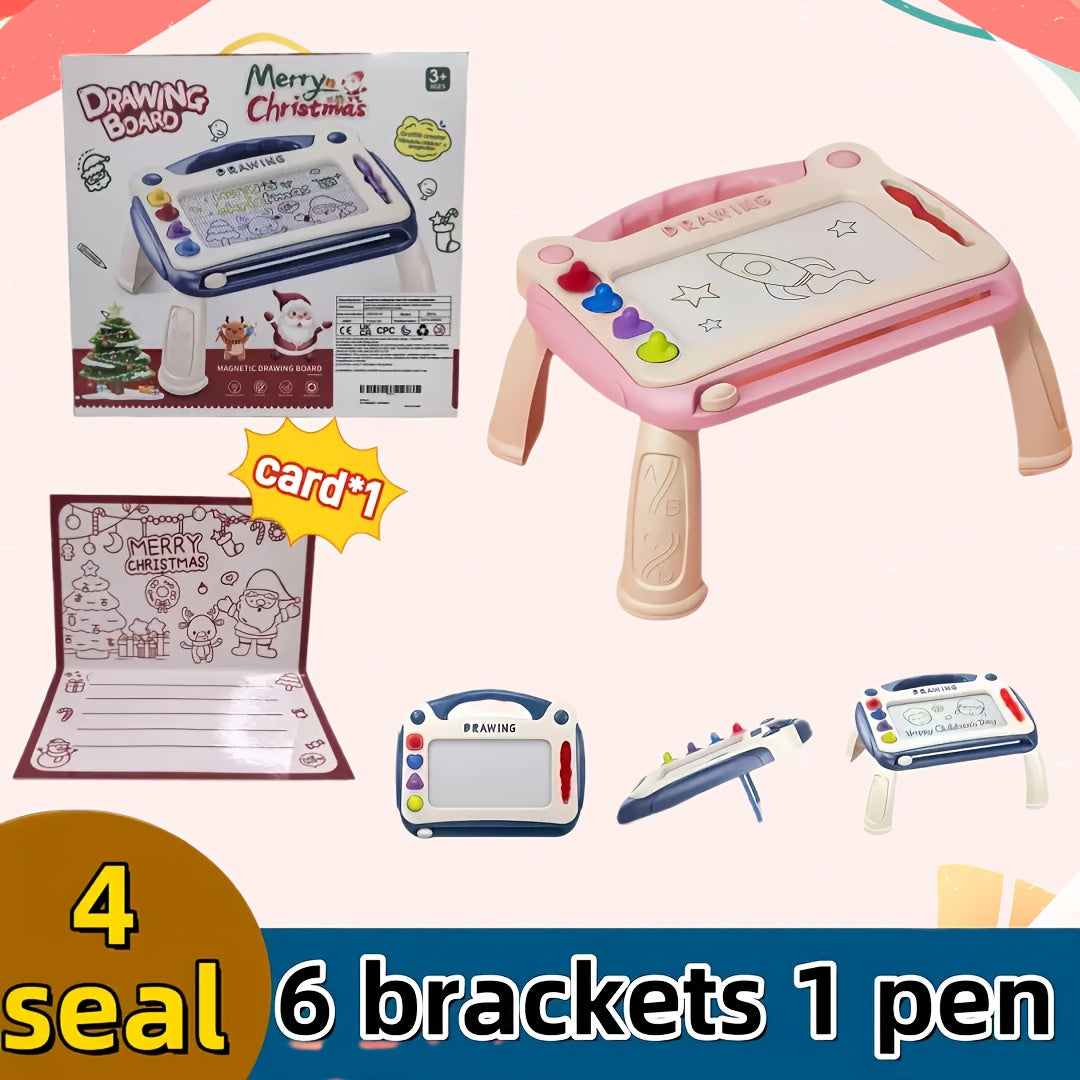 Upgraded 3in1 Kids Magnetic Drawing Board, Learning Kit, Doodle & Paint Toy, Reusable&Erasable,, Long Life. Gift for Boys Girls Birthday, Easter, Christmas, Halloween. Includes 4 Stamps+1 Pen+4 Stands; Portable:2 Stands, Color Random