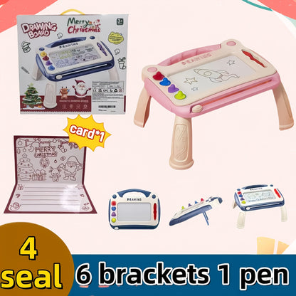 Upgraded 3in1 Kids Magnetic Drawing Board, Learning Kit, Doodle & Paint Toy, Reusable&Erasable,, Long Life. Gift for Boys Girls Birthday, Easter, Christmas, Halloween. Includes 4 Stamps+1 Pen+4 Stands; Portable:2 Stands, Color Random