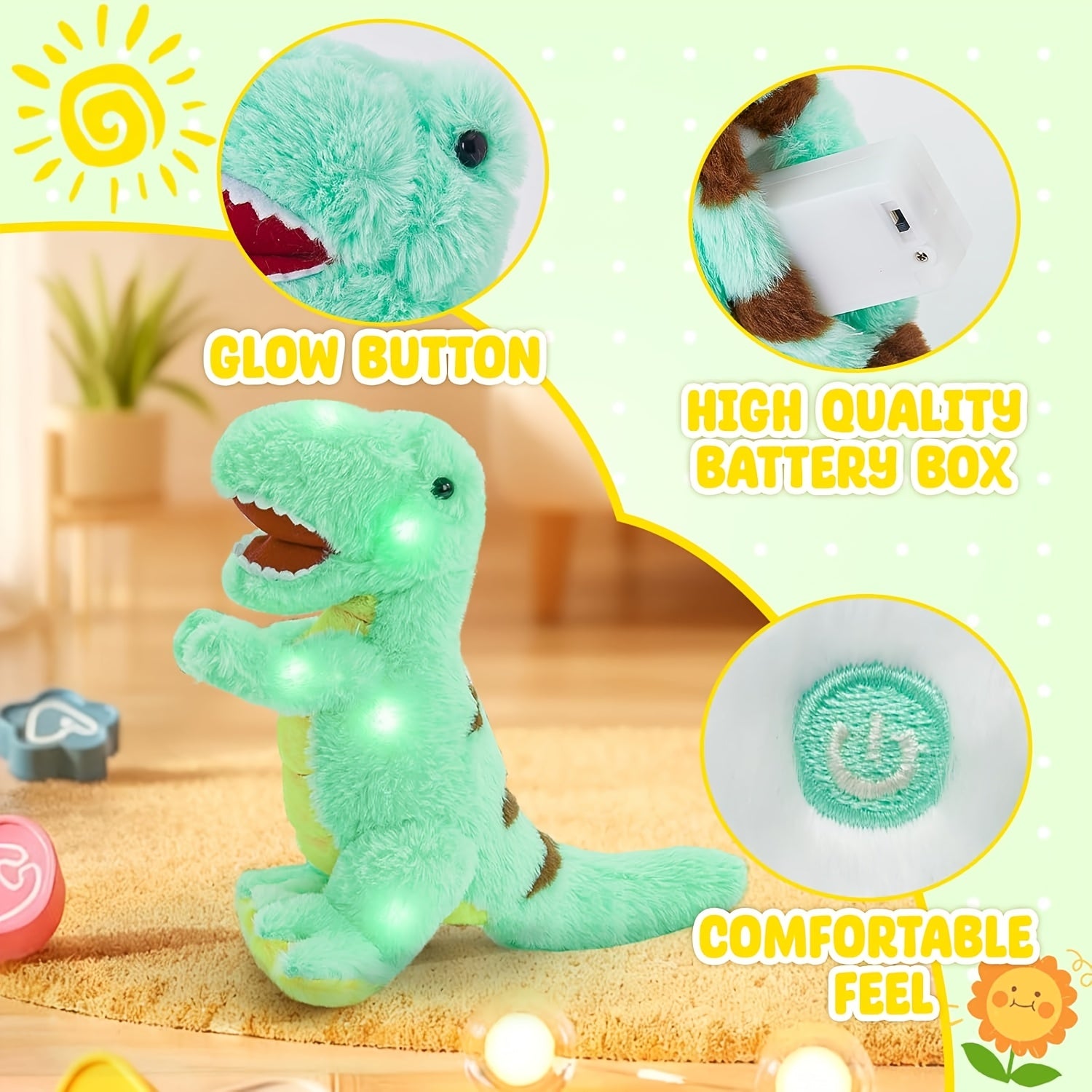 Battery-Free Glowing Musical Dinosaur Plush Toy Suitable for Kids - & Sound Effects, Soft Cuddly Stuffed Animal with Musical Dinosaurs, Battery- Suitable for Birthdays, Easter Gifts (No Required)