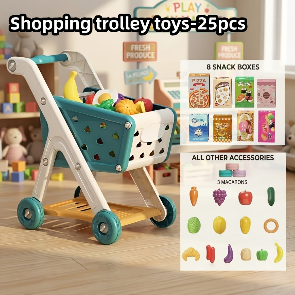 Deluxe Play Shopping Cart Set with Realistic Food - Perfect for Pretend Supermarket & Kitchen Play, Ideal Birthday, Christmas & New Year Gift, Red/Blue