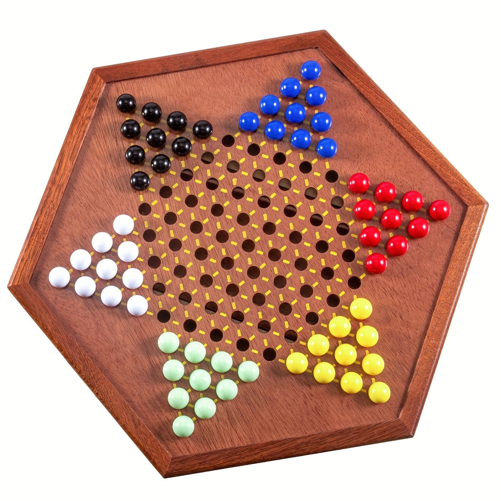 1 Set Deluxe Wooden Chinese Checkers Game - 12.5" Hexagonal Board with Storage Drawer, 60 Acrylic Marbles & 12 Spare - Classic Family Strategy Game for Home Gatherings - Perfect Gift for Family & Friends